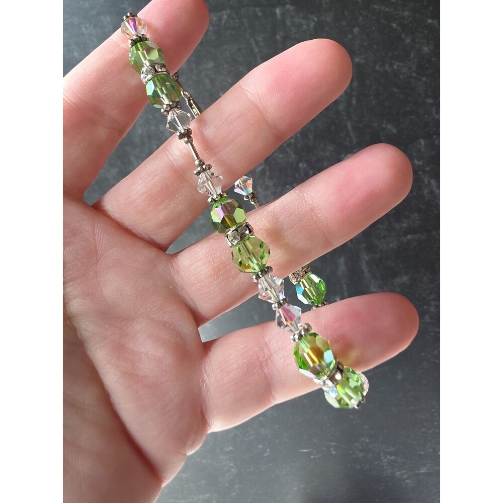 925 Sterling Silver Green And Clear Crystal Beaded Bracelet Vintage